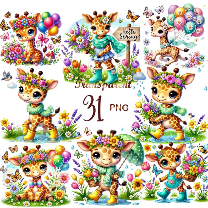 Spring Giraffe 31 PNG Spring Baby Giraffe Clipart, Cute Giraffe PNG Bundle, Hello ...