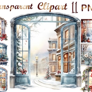 11 Watercolor Christmas Clipart png, Christmas Clipart PNG, Watercolor Christmas window clipart, Xmas decor,Digital Download, Commercial USe