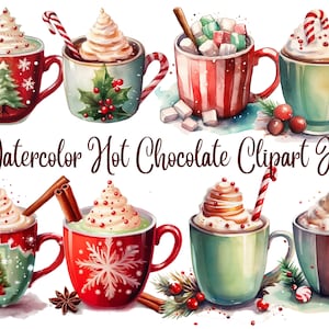 16 Watercolor Hot Chocolate Clipart,JPGs, Watercolor Hot Cocoa, Christmas Collage Images, Winter Junk Journal,Digital Planner,Commercial use