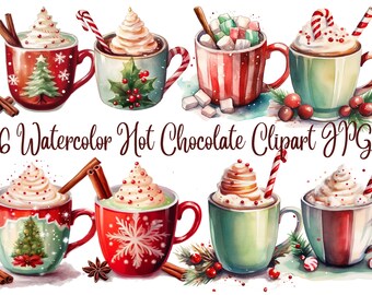 16 Watercolor Hot Chocolate Clipart,JPGs, Watercolor Hot Cocoa, Christmas Collage Images, Winter Junk Journal,Digital Planner,Commercial use