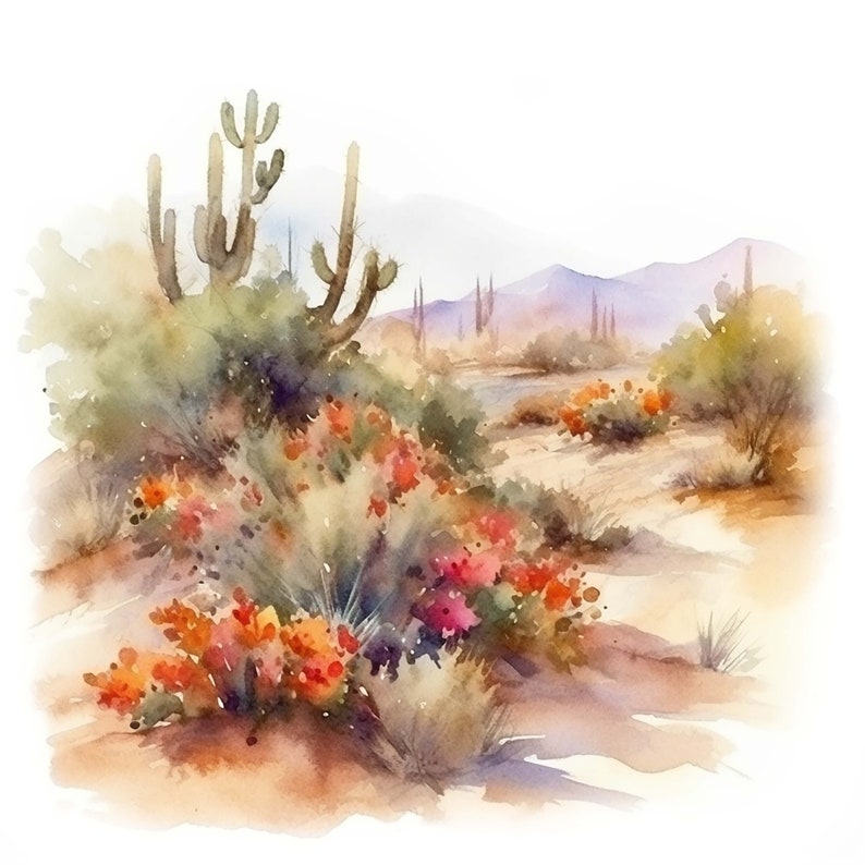 Puede incluir: Pintura acuarela de un paisaje des&eacute;rtico con cactus y flores en flor en tonos rojos, naranjas y rosas. El fondo presenta una brumosa cordillera p&uacute;rpura.