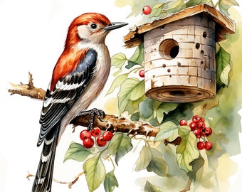 14 JPGs,Bird Houses Clipart,Cute birdhouses and blossoms clipart,Commercial use,Digital Download,Card Making,Mixed Media,Digital Paper Craft