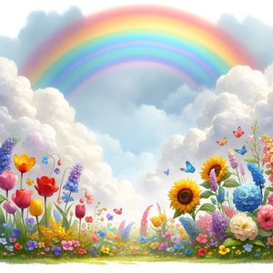 Juego de 15 papeles digitales de arcoíris con flores silvestres de acuarela, papel de diario basura con flores de primavera, prado primaveral imprimible, álbum de recortes digital