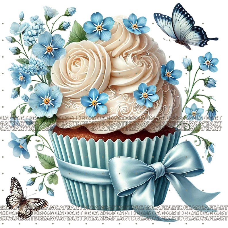 Puede incluir: Un cupcake azul y blanco con glaseado blanco y un lazo azul. El cupcake est&aacute; decorado con rosas blancas y flores azules de nomeolvides. Una mariposa azul vuela sobre el cupcake.