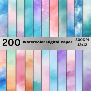 Puede incluir: Una colección de 200 papeles digitales de acuarela en varios colores, incluyendo azul, rosa, morado y naranja. Los papeles miden 12x12 pulgadas (30,48 x 30,48 cm) y tienen 300 DPI. La imagen presenta una variedad de texturas y gradientes de acuarela.