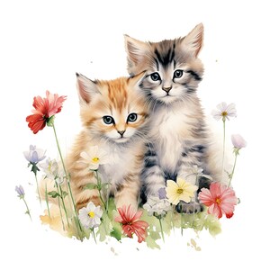 May include: A watercolour illustration of two kittens amongst wildflowers. One kitten is ginger and white, the other is grey and white. The flowers are red, white, yellow, and purple. A charming, whimsical image.