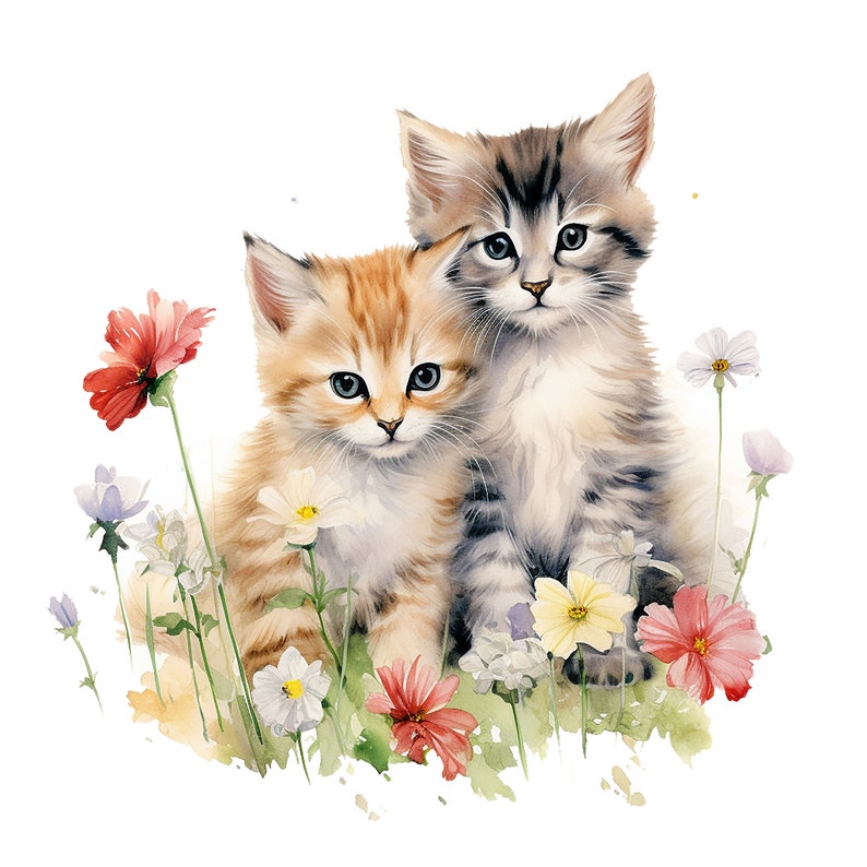 May include: A watercolour illustration of two kittens amongst wildflowers. One kitten is ginger and white, the other is grey and white. The flowers are red, white, yellow, and purple. A charming, whimsical image.