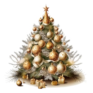 Puede incluir: Un &aacute;rbol de Navidad dorado decorado con adornos blancos y dorados, pi&ntilde;as y una cinta blanca. El &aacute;rbol est&aacute; rodeado de regalos envueltos en papel dorado y adornados con lazos dorados.