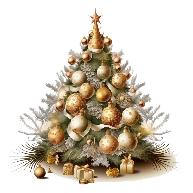 Puede incluir: Un &aacute;rbol de Navidad dorado decorado con adornos blancos y dorados, pi&ntilde;as y una cinta blanca. El &aacute;rbol est&aacute; rodeado de regalos envueltos en papel dorado y adornados con lazos dorados.