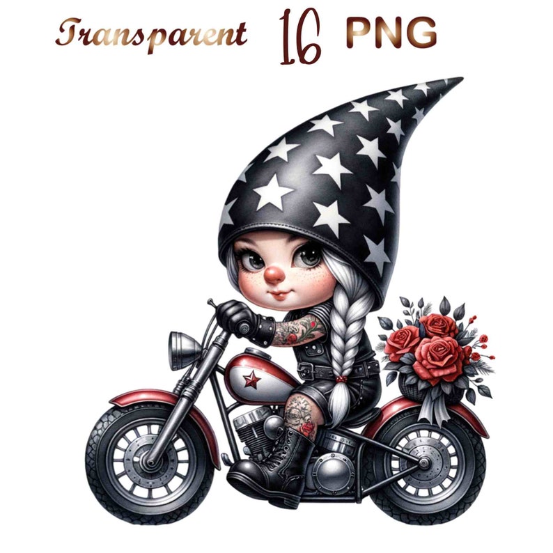 May include: A cartoon gnome with white hair and a black and white star-patterned hat rides a red motorcycle with a bouquet of red roses in a basket on the back.