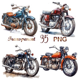 Puede incluir: Cuatro motocicletas vintage en varios colores, incluyendo azul, rojo y naranja, se representan en un estilo acuarela. Las motocicletas tienen detalles cromados y se encuentran sobre un fondo blanco.