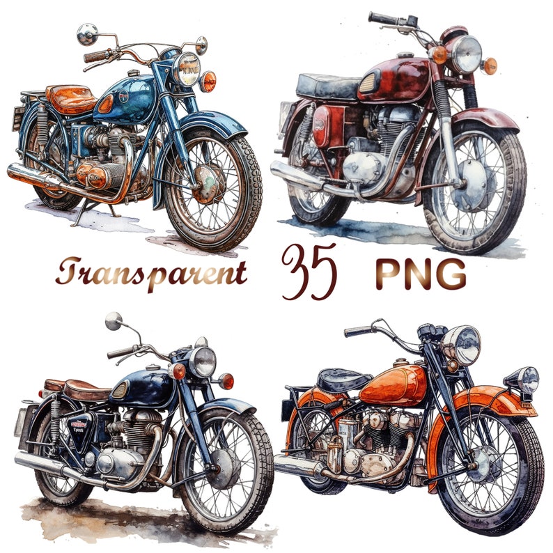 Puede incluir: Cuatro motocicletas vintage en varios colores, incluyendo azul, rojo y naranja, se representan en un estilo acuarela. Las motocicletas tienen detalles cromados y se encuentran sobre un fondo blanco.