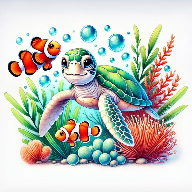 May include: A cartoon illustration of a green sea turtle with a bright orange and white clownfish swimming next to it. The turtle is surrounded by coral, seaweed, and bubbles.