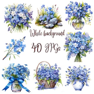 40 Watercolor Flower "Forget me" bundle JPGs,Commercial use,Digital Paper Crafting,Digital Planner,Watercolor, Digital Download