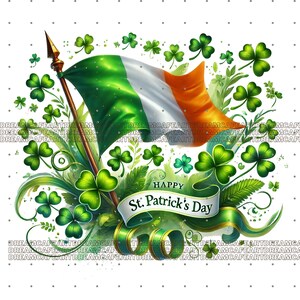 Pu&ograve; includere: Una bandiera irlandese verde, bianca e arancione che sventola al vento con un bordo di trifoglio verde e il testo "Happy St. Patrick's Day".