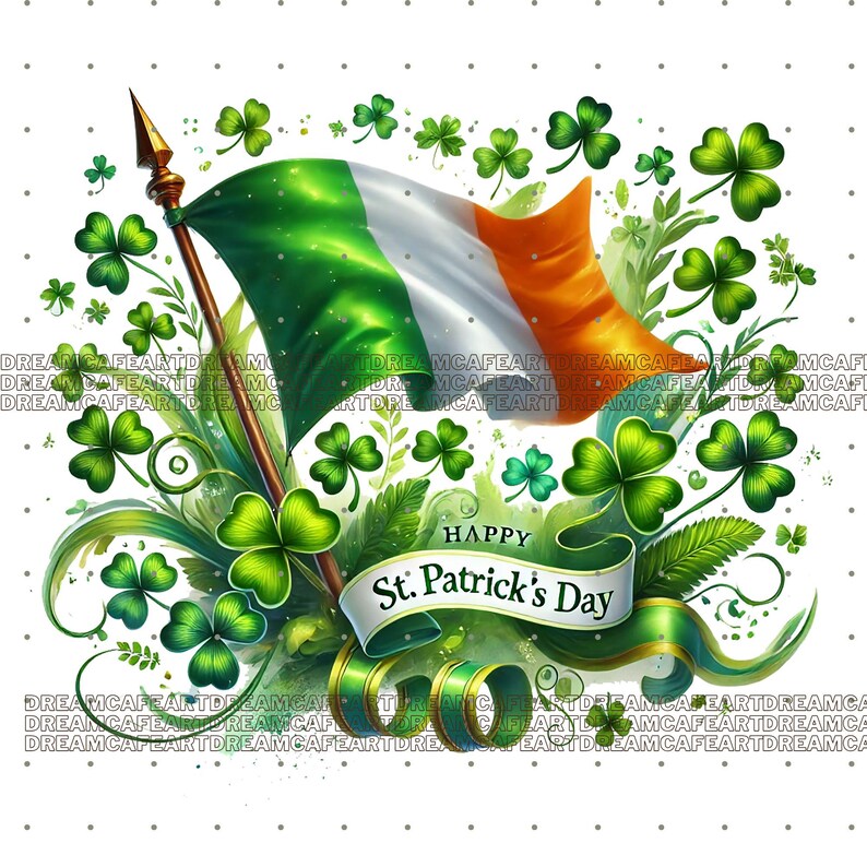 Pu&ograve; includere: Una bandiera irlandese verde, bianca e arancione che sventola al vento con un bordo di trifoglio verde e il testo "Happy St. Patrick's Day".