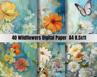 40 Wildflowers Digital Paper Set A4, Spring Flowers Junk Journal Paper, Printable Spring Meadow, Digital Scrapbooking