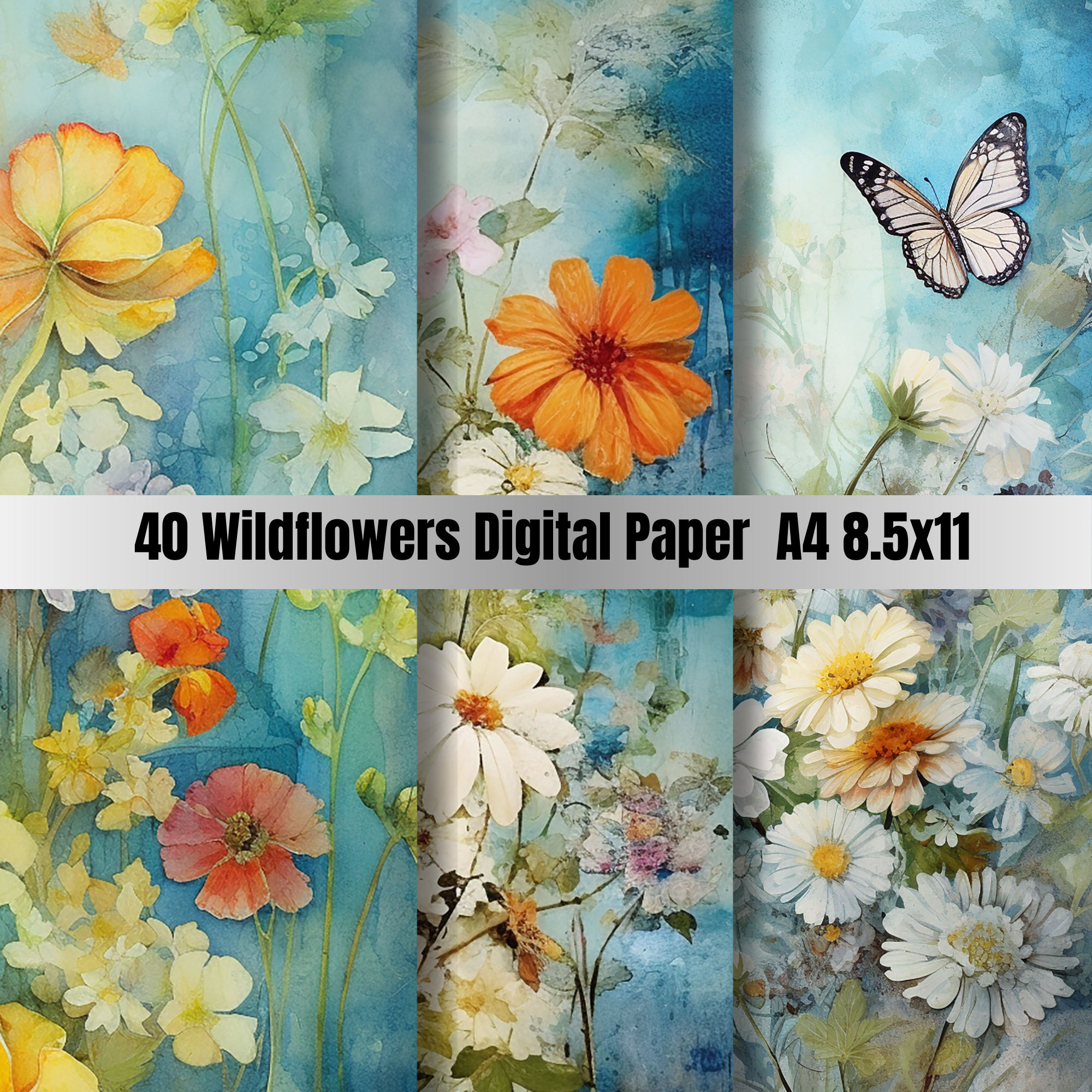 40 Wildflowers Digital Paper Set A4, Spring Flowers Junk Journal Paper ...
