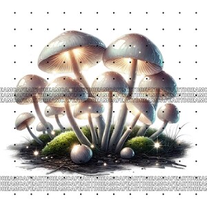 May include: A cluster of glowing, white mushrooms with a mossy base. The mushrooms have a soft, ethereal glow, creating a magical and whimsical scene.
