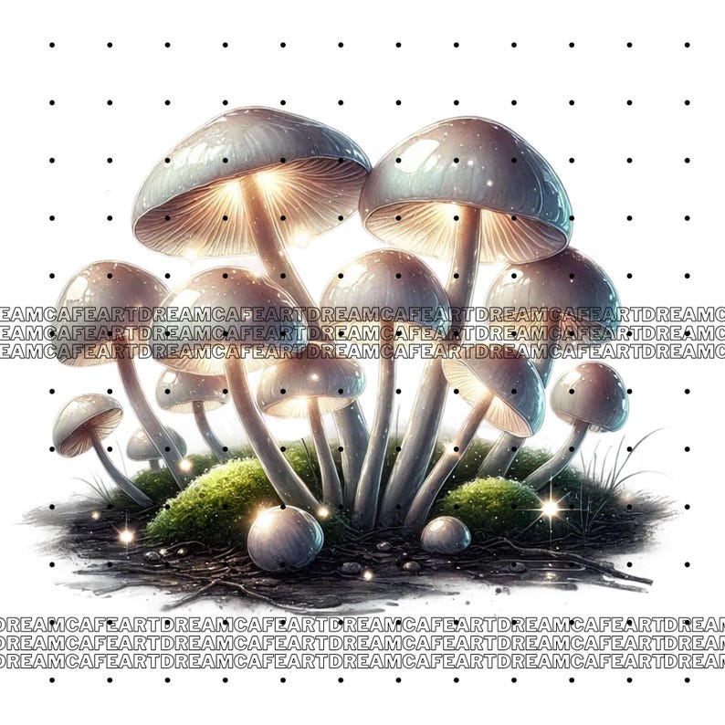 May include: A cluster of glowing, white mushrooms with a mossy base. The mushrooms have a soft, ethereal glow, creating a magical and whimsical scene.
