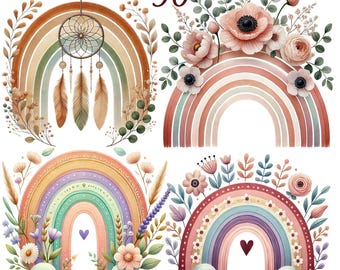50 PNG Boho Rainbows Clipart Bundle, Cute Rainbow Clipart, Boho Floral Colorful Rainbow Graphics, Comercial uUse, Digital Download Clipart