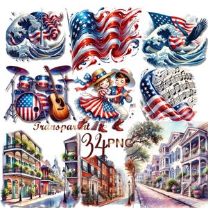 May include: A digital collage of images featuring American patriotic themes. The collage includes a waving American flag, a drum set with an American flag drumhead, a couple dancing in red, white and blue attire, a cityscape with American flag details, and an American flag with musical notes.