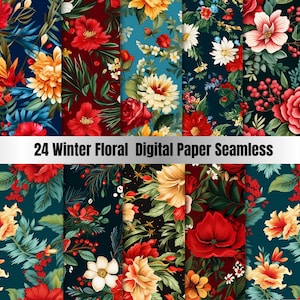 24 papier numérique floral de Noël sans couture, coutures de fond à carreaux de Noël, toile de fond paysage de Noël, téléchargement journal indésirable, scrapbooking
