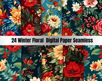 24 Seamless  Christmas Floral Digital Paper, Christmas Plaid Background Seamles, Xmas Landscape Backdrop,Download Junk Journal,Scrapbooking