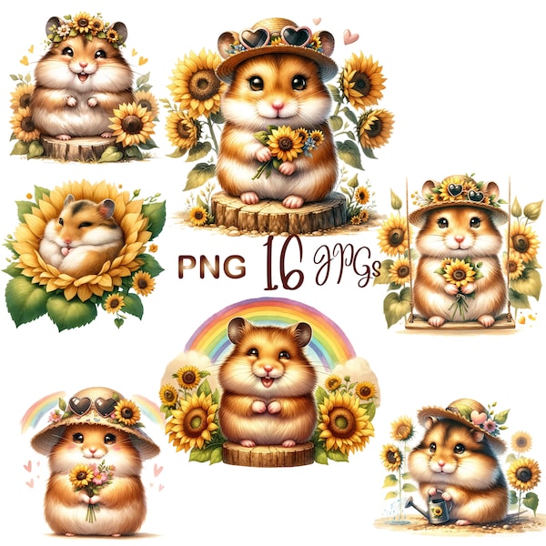 16 PNG/JPG, Watercolor cute hamster clipart, relax hamster, Gift for KID, Watercolor Sublimation, Spring season flower, Nursery, Rainbow sky