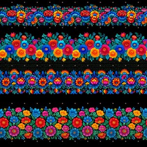May include: A repeating pattern of colourful floral designs in red, orange, blue, and purple against a black background. The flowers are detailed with green leaves and arranged in horizontal rows, creating a decorative border.
