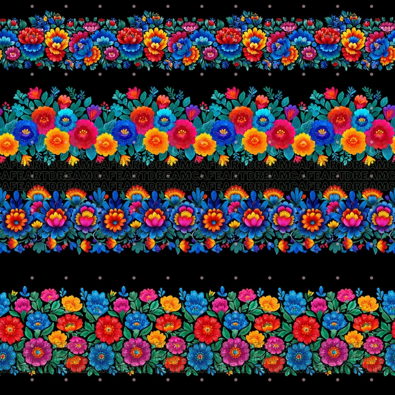 May include: A repeating pattern of colourful floral designs in red, orange, blue, and purple against a black background. The flowers are detailed with green leaves and arranged in horizontal rows, creating a decorative border.