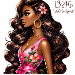Watercolor African Girl Clipart: Whimsical Flower Ephemera (13 JPGs, Commercial Use)