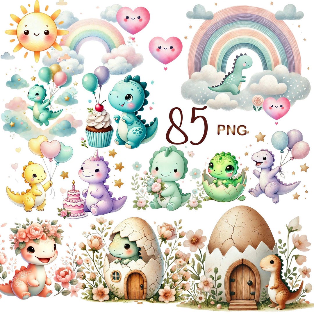 Pastel Dino World – 85 PNG Clipart Elements | Cute Watercolor Dinosaurs ...