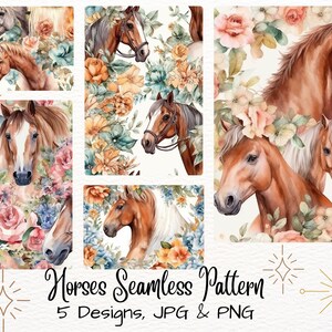 Puede incluir: Cinco patrones sin costuras de acuarela con caballos y diseños florales. Los patrones incluyen caballos con coronas de flores, caballos rodeados de flores y caballos con fondos florales. Los patrones están disponibles en formatos JPG y PNG.