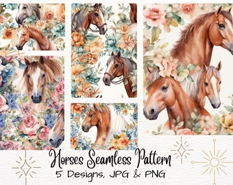 Floral Horses - Watercolor pattern - Seamless Pattern - Commercial Use - Digital Paper,Repeating Pattern, Seamless design