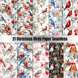 21 nahtlose Weihnachtsvogel-Digitalpapier, Weihnachtspapier, Weihnachtshintergrund-Nähte, Weihnachtsblumen-Kulisse, Download-Junk-Journal, Scrapbooking