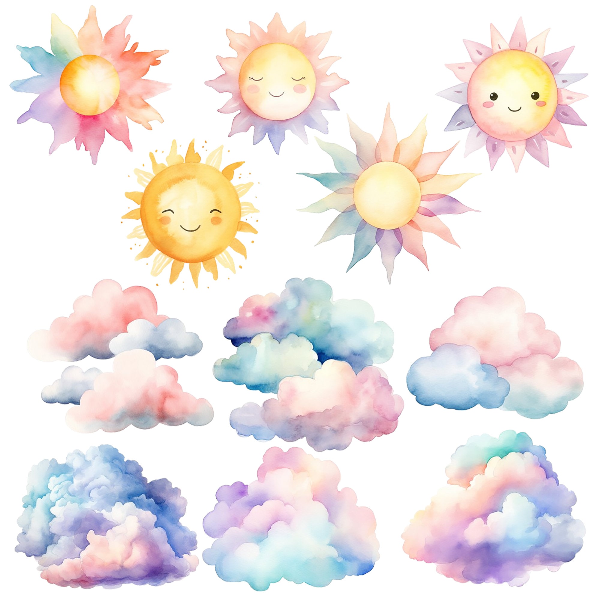 23 Watercolor Pastel Rainbow Clipart Bundle Png,sun,clouds,rainbow Png ...