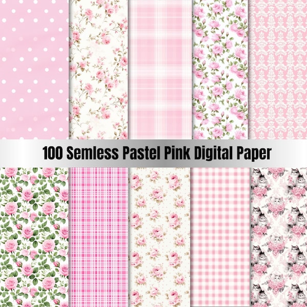 Seamless Pastel Pink Flower Digital Paper,Seamless Shabby Chic Printable Paper Pack,Preppy Fabric Scrapbook,Paper Blue,Nursery Junk Journal