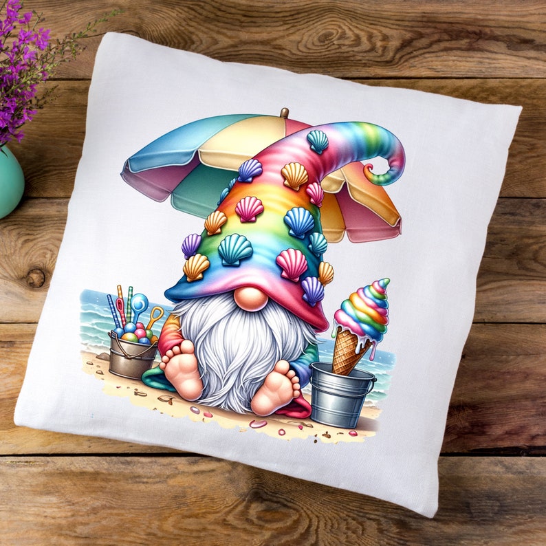 May include: A colourful gnome with a rainbow hat decorated with seashells sits on a beach with a beach umbrella, a bucket, and a rainbow ice cream cone.
