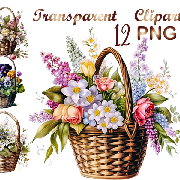 12 Flower basket png, watercolor clipart,floral clipart,watercolor flowers,digital download,commercial use,sublimation, png, sublimation png