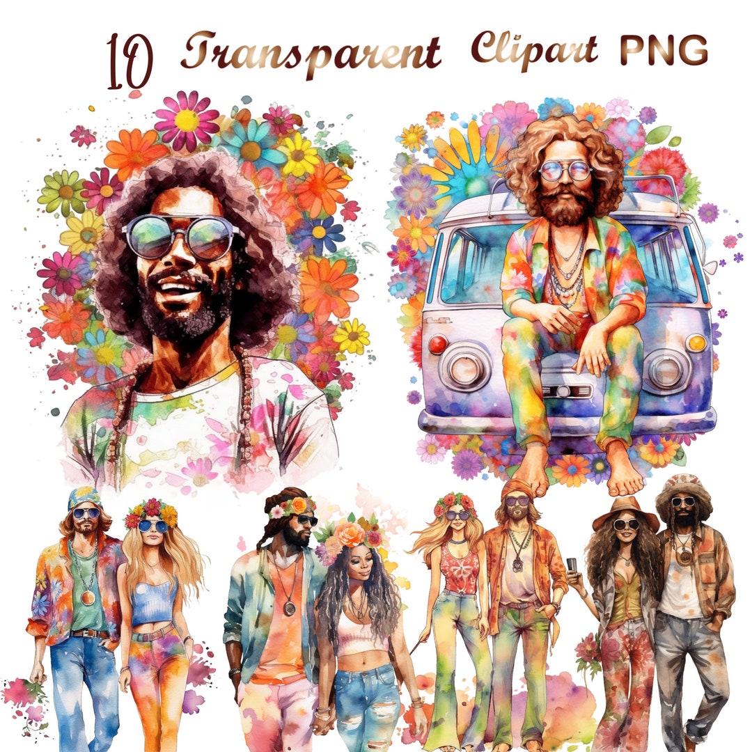10 Watercolor Hippies Clipart PNG, Sublimation Png,hippie Clip Art ...