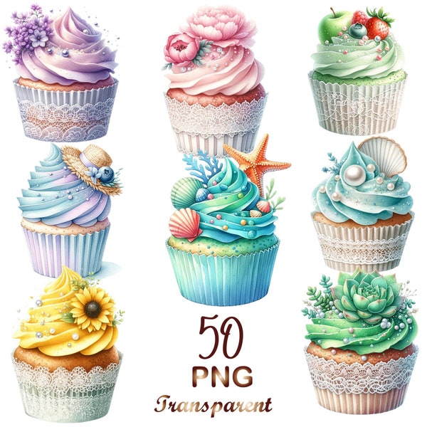 50 PNG, Sommer Blumen Cupcake Clipart, Aquarell Strand, Aquarell Cupcake Clipart, Aquarell Cupcake Bundle, Dessert Clipart, kommerzielle Nutzung