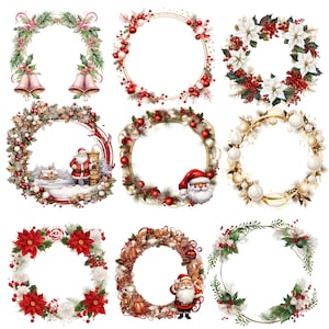 May include: Nine watercolour Christmas wreath designs. The wreaths feature festive elements like bells, poinsettias, berries, ornaments, and Santa Claus illustrations. The colour palette includes red, green, gold, and white, perfect for holiday decor and crafts.