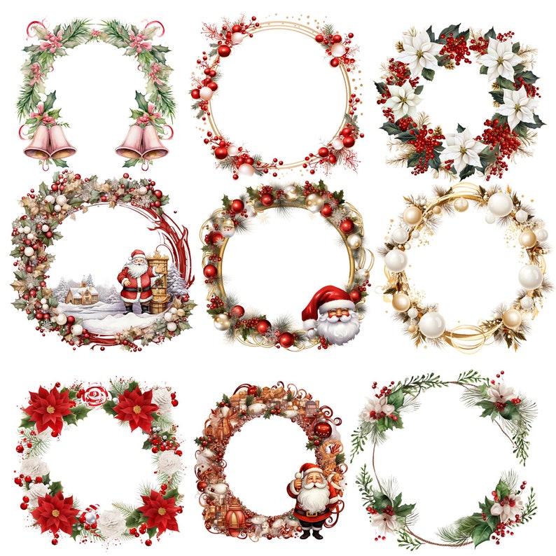 May include: Nine watercolour Christmas wreath designs. The wreaths feature festive elements like bells, poinsettias, berries, ornaments, and Santa Claus illustrations. The colour palette includes red, green, gold, and white, perfect for holiday decor and crafts.