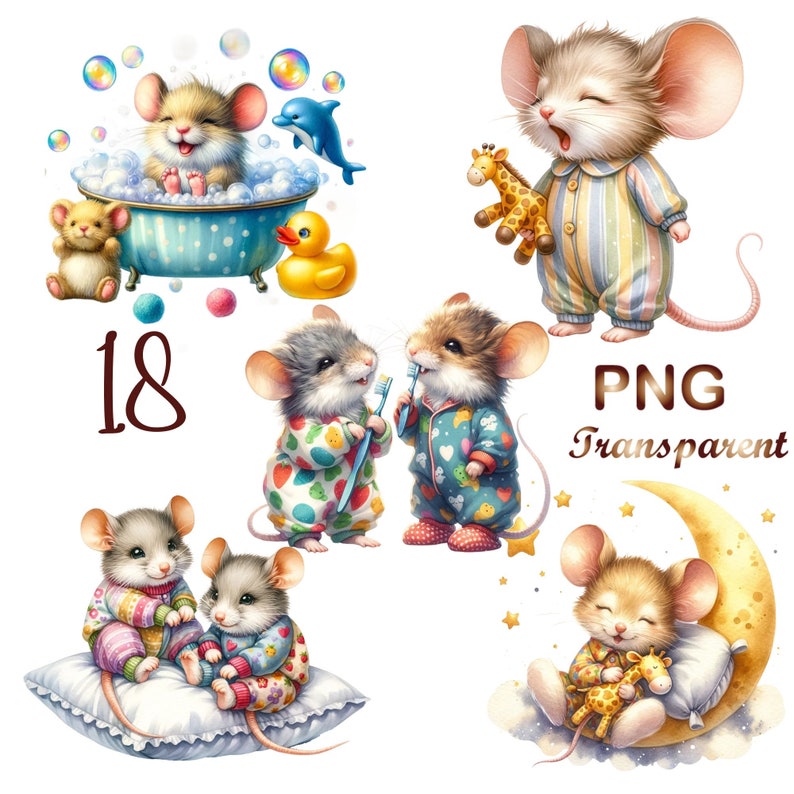 May include: A set of six digital illustrations featuring cute cartoon mice in various activities. The mice are wearing pajamas and holding items like toothbrushes, stuffed animals, and a bath toy. The illustrations are in a cartoon style with bright colors and whimsical details.