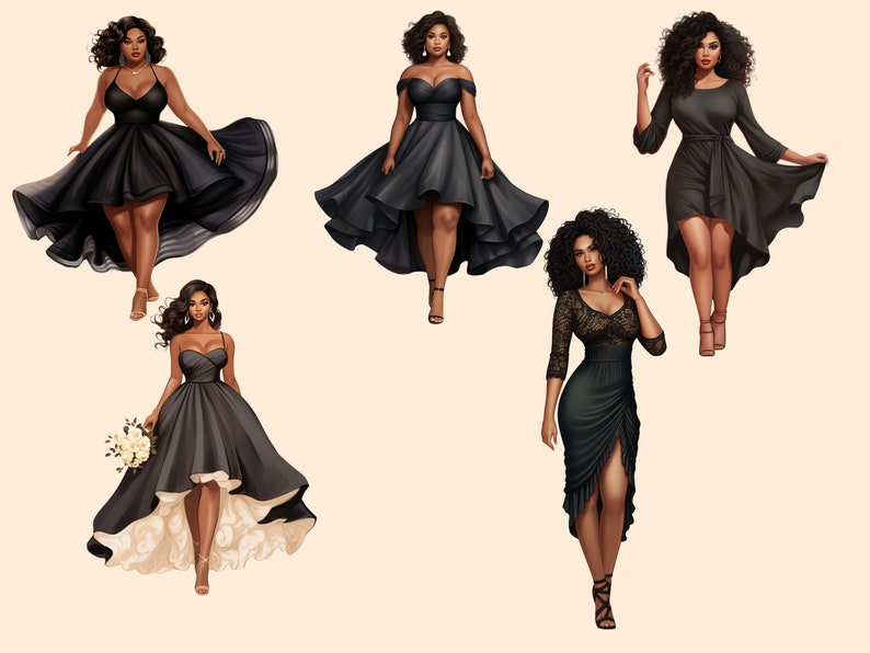 16 Black Woman clipart, Bridesmaid clipart, Prom Black girl clipart, Women of Color clipart,clipart for Planner Sticker, black dress clipart image 3