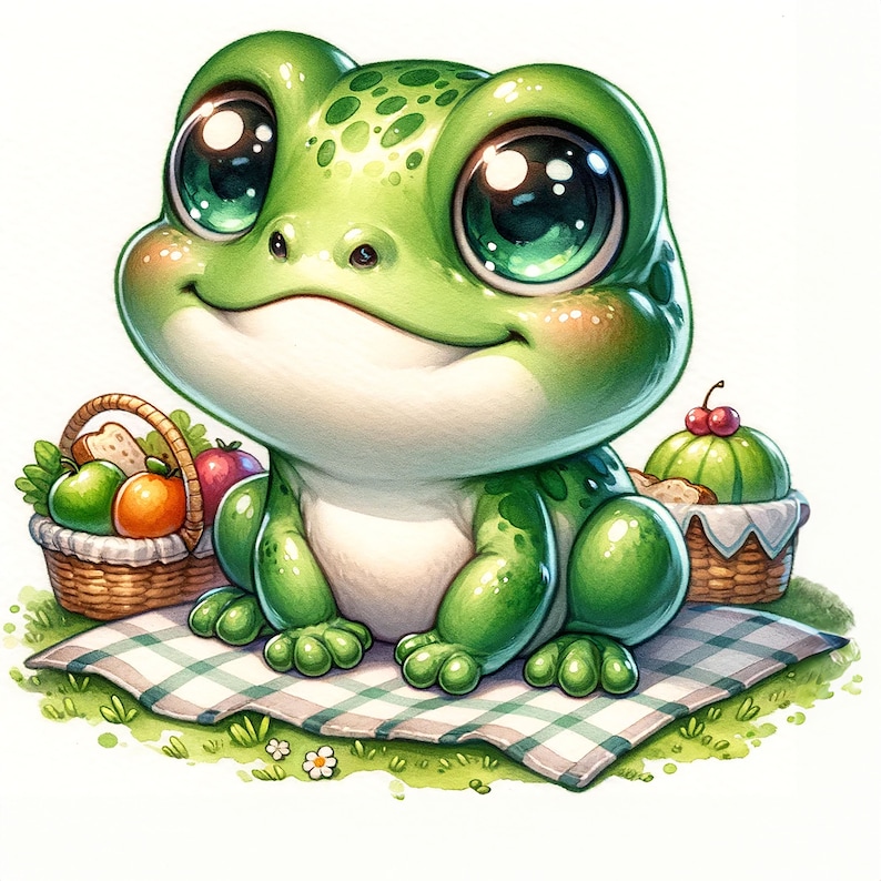 Puede incluir: Una rana verde con ojos grandes se sienta en una manta de picnic a cuadros con una cesta de fruta y una rebanada de sand&iacute;a cerca.