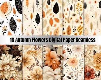 18 Seamless Autumn Flowers Digital Paper,Leaves Seamless,Autumn Floral Background Seamles,Autumn Vintage Shik Backdrop,Download Junk Journal