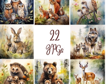 22 Watercolor Forest Animals JPGs,Watercolor Animals Clipart, Junk Journal,Scrapbooking,Card Making,Forest Animals Background, Journal Paper