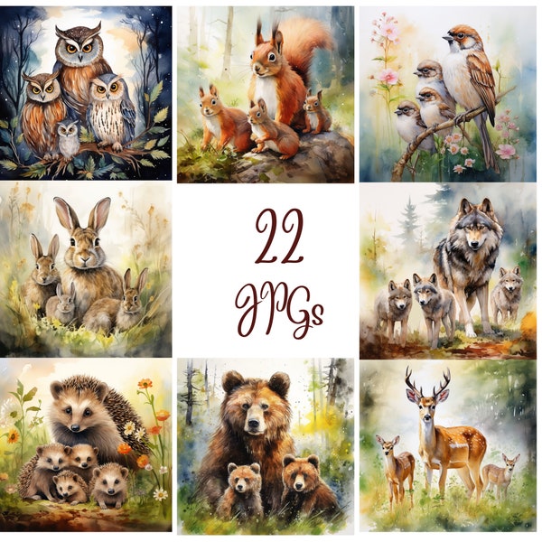 22 Watercolor Forest Animals JPGs,Watercolor Animals Clipart, Junk Journal,Scrapbooking,Card Making,Forest Animals Background, Journal Paper